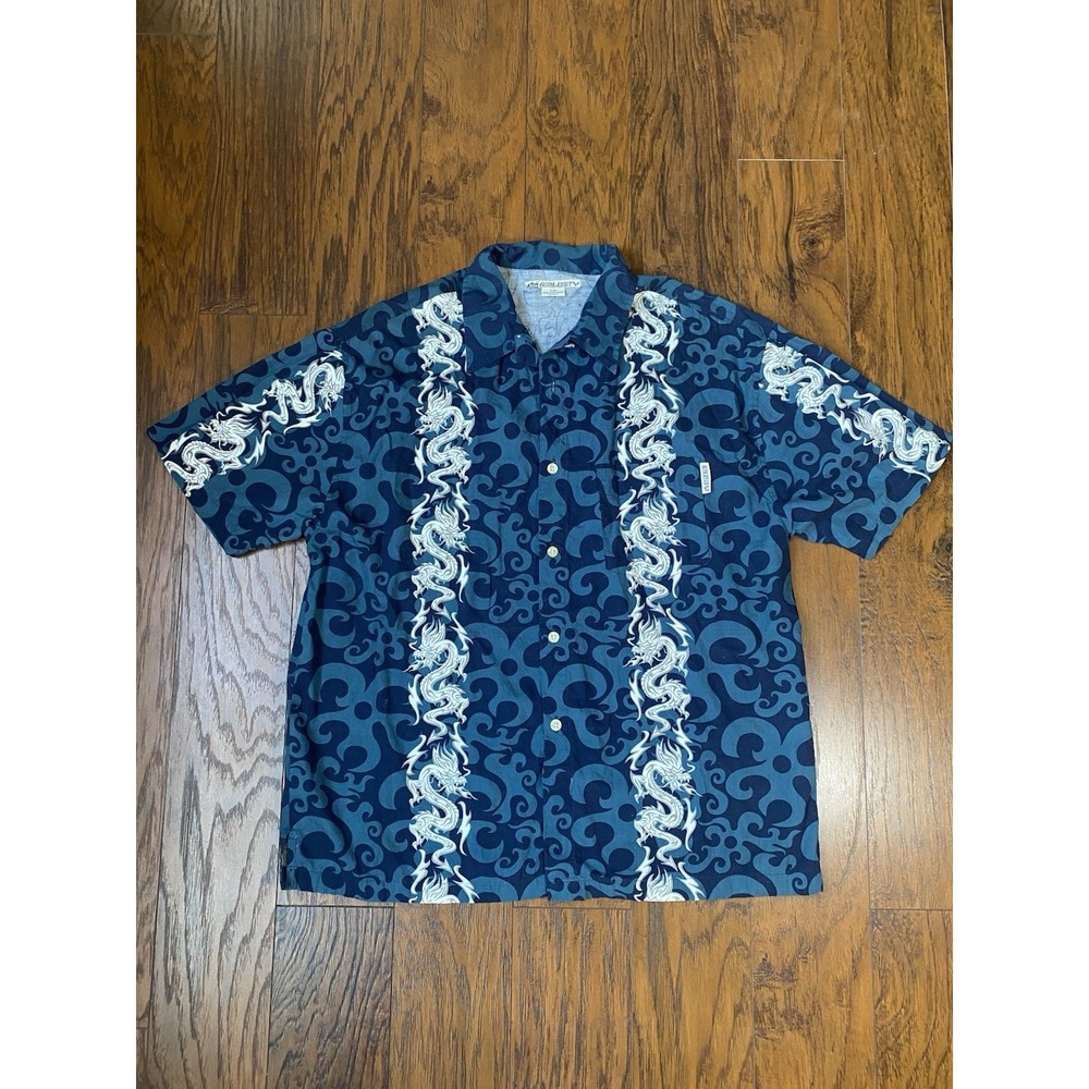 Rusty‎ Mens Blue Tribal Dragon Print Short Sleeve Button Down Shirt Large